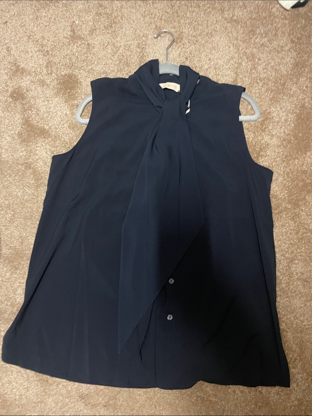 Tory Burch Navy Sleeveless Tie-Neck Blouse with Front Buttons